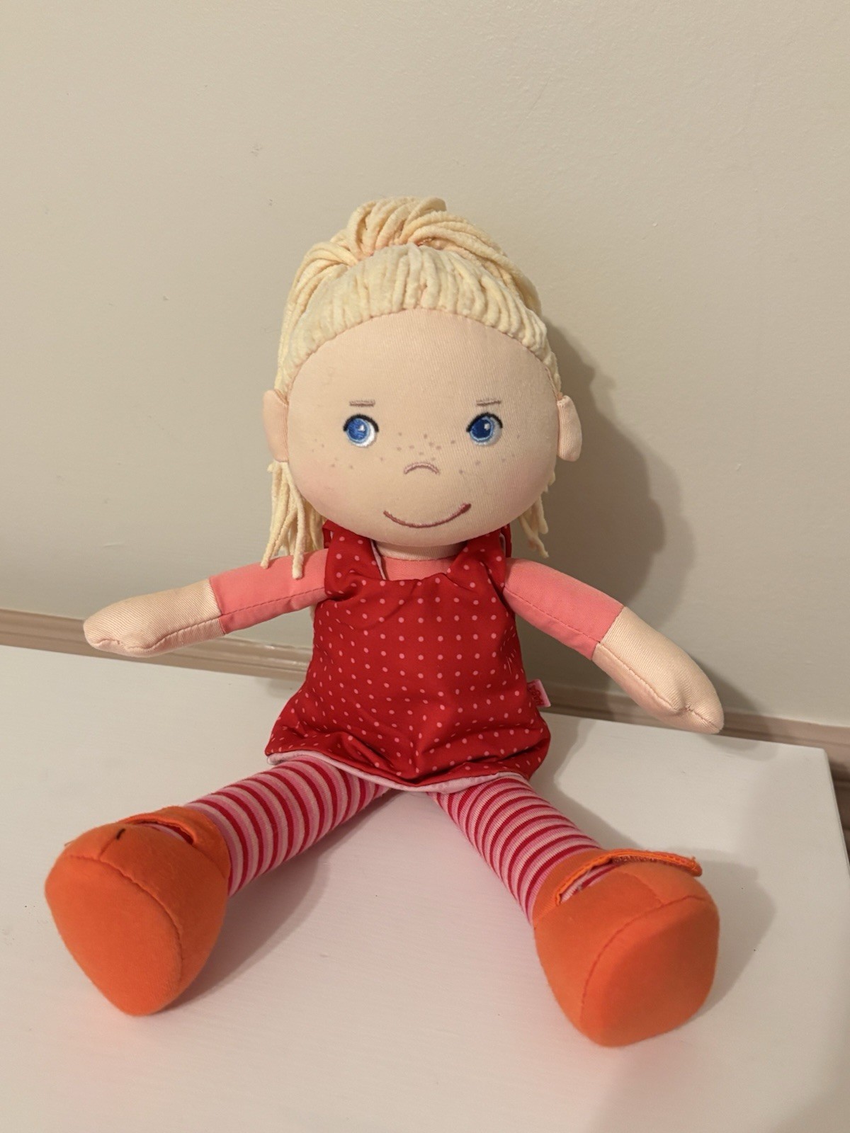 HABA Annelie 12" Soft Doll Plush Blonde Hair and Blue Eyes Reversible Dress