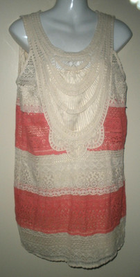#603 C. Luce Boho Crochet Lace Overlay Dress Ivory Pink Colorblock L New NWT