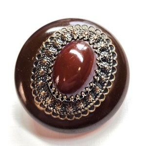 Large Vintage Brown Bakelite Button w/ Oval Brown Glass & Ornate Brass ~ 1-9/16"