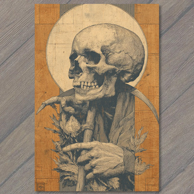 STICKER Skeleton Holding Scythe Skull Halo Botanical Gothic Illustration Style