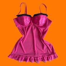 00's vintage hot pink satin mesh mcbling babydoll y2k lingerie bustier slip L