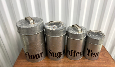 Set Of 4 Vintage Vandor Glavanized Metal Kitchen Canisters Japan Country Kitchen