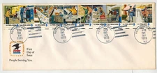 1973 POSTAL PEOPLE STRIP OF 10 FDC & RUTHERFORD NEW JERSEY CANCEL 1489-1498