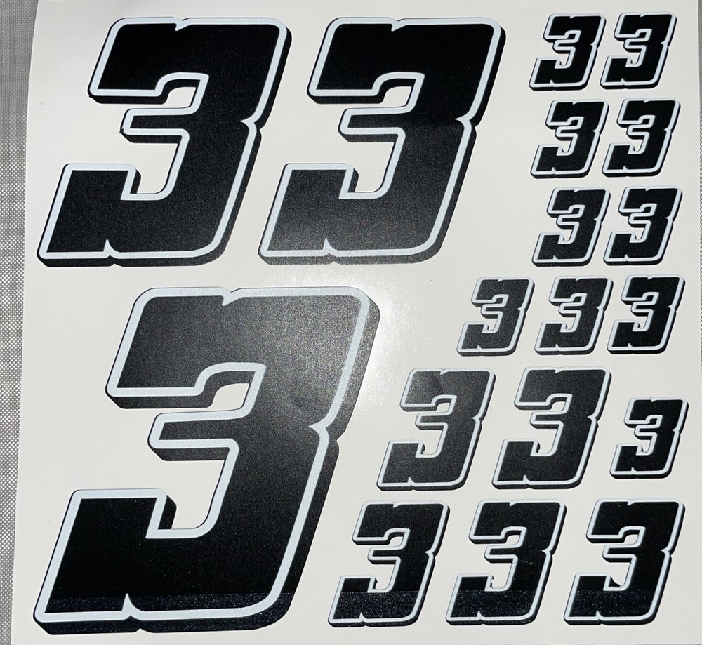 Matte Black-w/White/black  #3's  Racing Numbers Vinyl Decal Sheet R/C L4