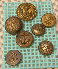 7 Antique US Military Navy Buttons Brass Anchor with Single Star, Domed, coat sz