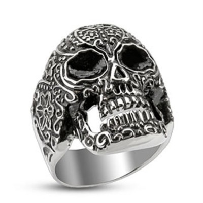 Bague Chevalière Homme Acier Inox - Motif Crâne Biker Gothique - Taille 11 Neuve