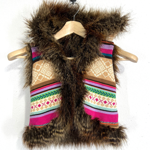 Gap Kids Medium Multi Color Knit sweater Vest Fux Fur lining & hoodie Tribal