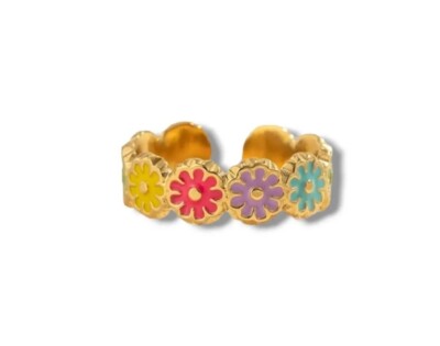 Anillo dorado con margaritas, baño de oro 18K, con gotas de enamel
