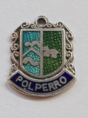 Sterling Silber ~ POLPERRO Charm ~ Dorf England Emaille Reise Schild VINTAGE