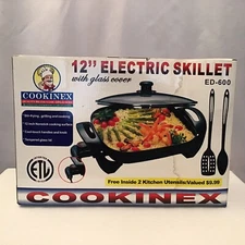 Cookinex 12” Nonstick Electric Skillet W/Glass Cover & 2 Utensils Model ED-600