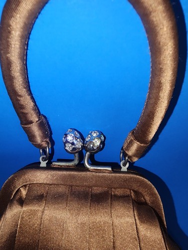 VTG Preston & York Satin Purse Rhinestone Kiss Closure Bronze Color Top Handle - Picture 12 of 12