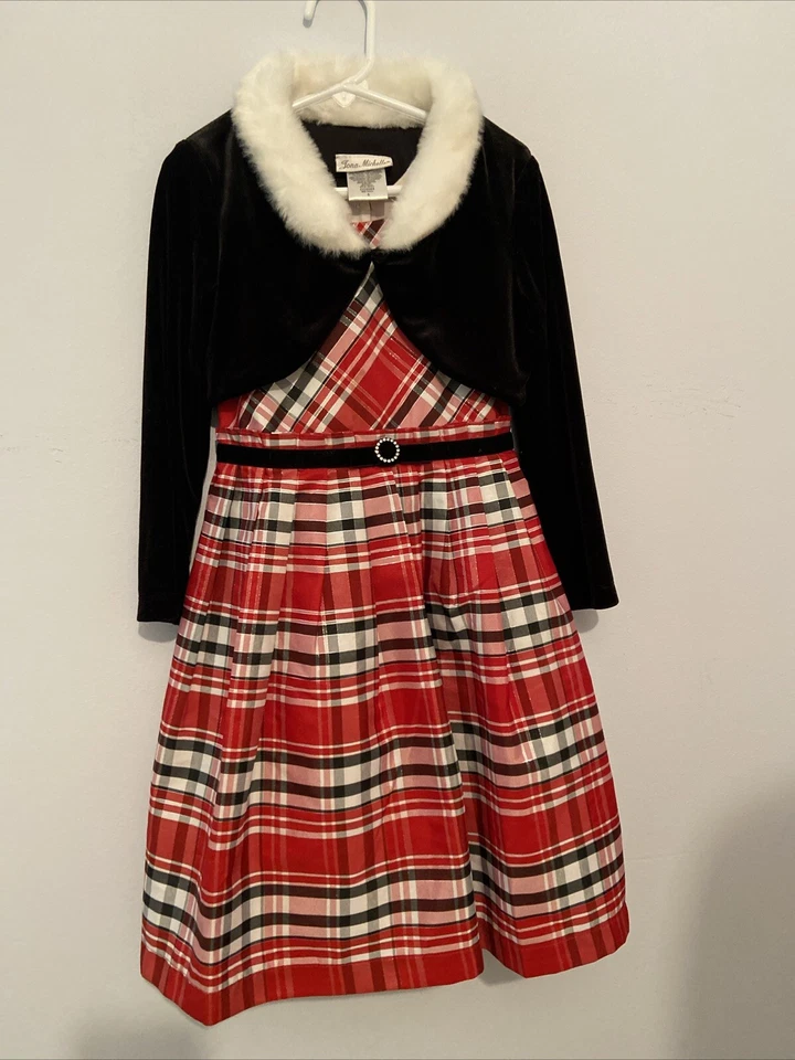Jona Michelle Girls Red Plaid Dress W Black Velvet Sweater W Faux Fur Collar 6 - Image 4 of 4