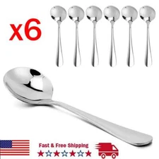 6 Pack Silver Spoons Round Stainless Steel Bouillon Spoon Table Serving Cooking