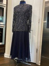 Vintage Scala Blue Sequin Beaded Long Sleeve Sheer Dress Size Medium