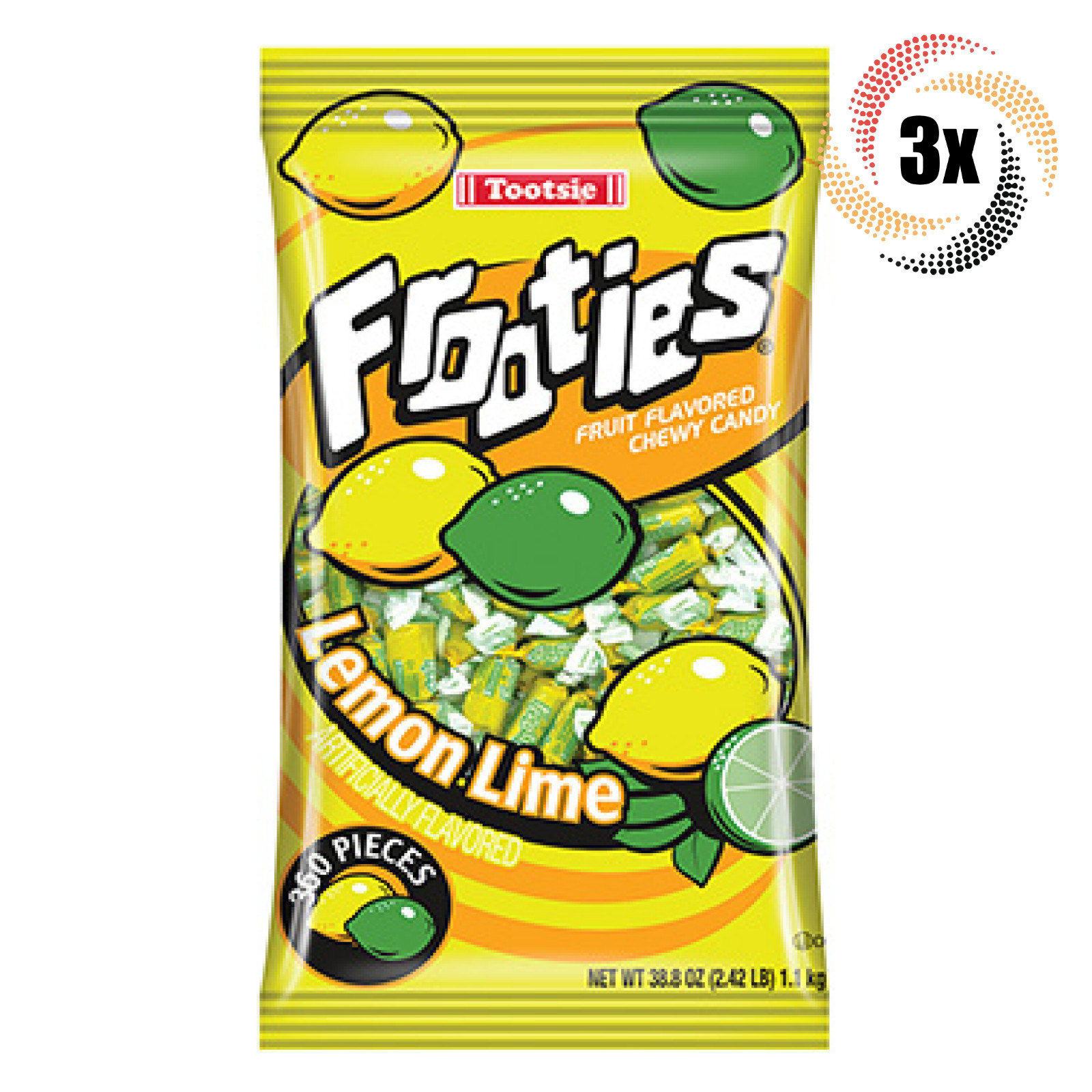 3 пакетика жевательных конфет Tootsie Frooties со вкусом лимона и лайма без глютена | 360 штук