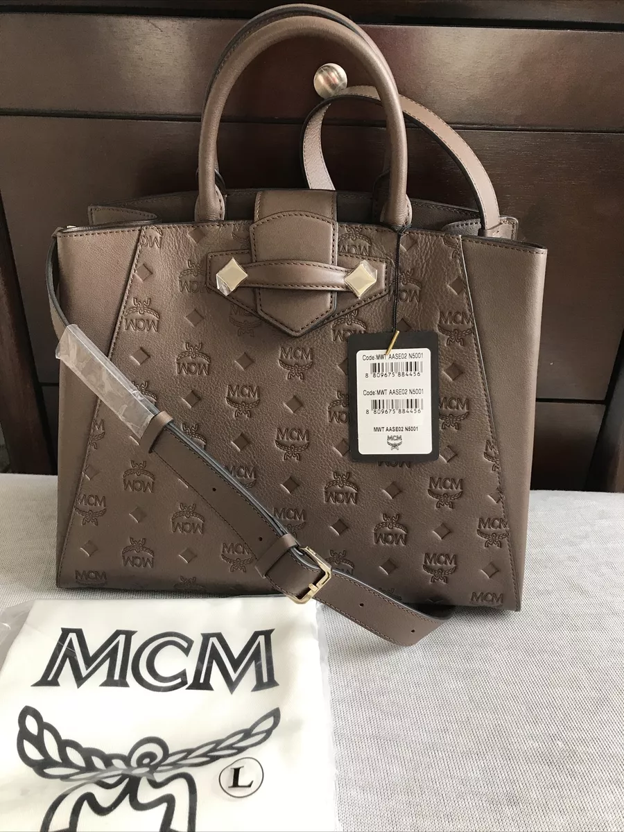 MCM Calfskin Ottomar Monogram Medium Essential Tote Chestnut 1306046