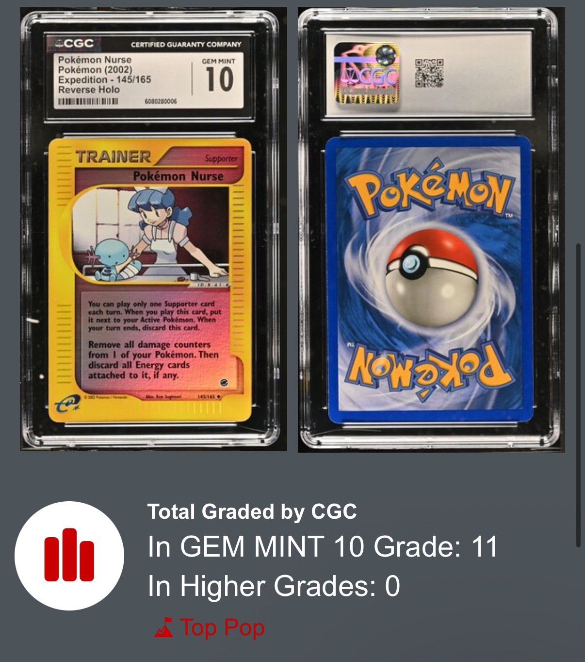 CGC 9 MINT Pokémon Nurse 2002 Expedition 145/165 Reverse Holo Pokemon Card