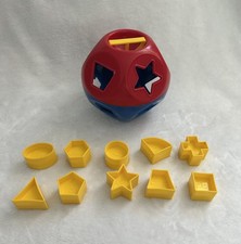 Baby Shape Sorter Ball Toy w/ 10 Yellow Geometric Blocks, Shapes, Red/Blue