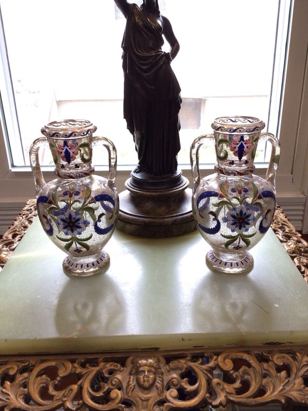 Moser A Rare Pair Of Enameled & Gold Scrolling Glass 7” Handled Urns
