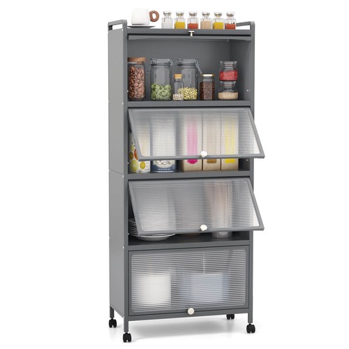 5-Tier Kitchen Baker's Rack Storage Cabinet Mobile Microwave Stand Flip-up Doors - 第 1/6 張圖片