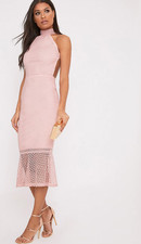 BNWT New Ladies Pretty Little Thing Dusty Pink Lace High Neck Midi Dress Size 6