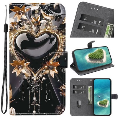 Black Gold Love Wallet Case For OPPO Infinix Flip Stand Cover Luxury Women Girls