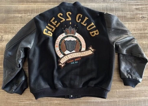 Rare VTG GUESS Club Spell Out Wool Leather Jacket 90s Georges Marciano Black L