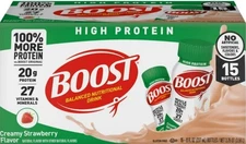 High Protein Boost Shakes, 15 - 8 FL OZ Bottle, Creamy Strawberry, 20g protein