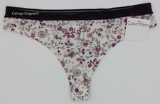 NWT Calvin Klein D3380 "Garden" Cotton w/Lace Low-Rise Thong Ivory / Burgundy, L