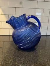 Vintage Hazel Atlas Cobalt Blue 9oz Ribbed Glass Ball Pitcher Ice Lip Large Size