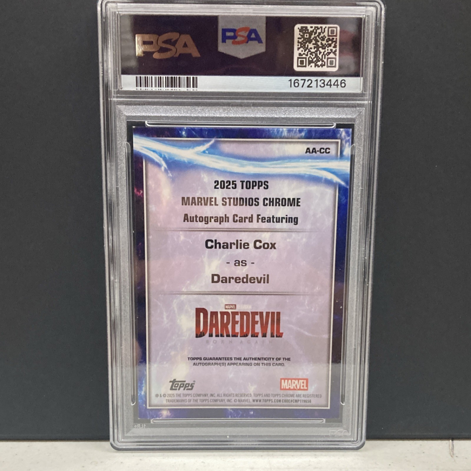 Topps 2025 Marvel Studios Chrome Charlie Cox Daredevil Auto AA-CC PSA 9 view 2