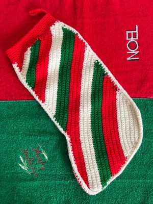 Vintage Large Crocheted Christmas Stocking Green White Red Stripes 70s/80s
