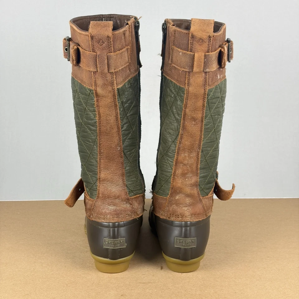 Sperry Saltwater Tall Quilted Duck Boots Womens 8 Brown Green Side Zip Leather - Image 4 of 4