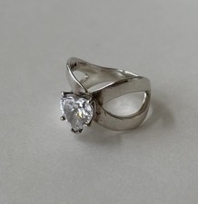 Vintage Cocktail Ring Sterling Silver 925 Heart Shape Clear Crystal Solitaire S6