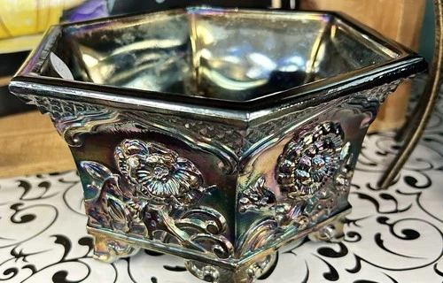 Fenton Vintage Carnival Glass Hexagon Footed Planter Bowl Chrysanthemum Amethyst