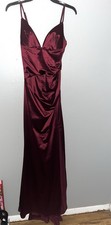 Burgundy Satin Ruched Strappy Sleeveless Long Gown with Slit V-Neck