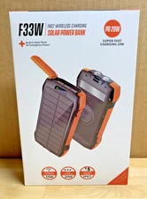 F33W Solar Power Bank, Fast Wireless Charging, 260 Lumen Flashlight, NEW in Box