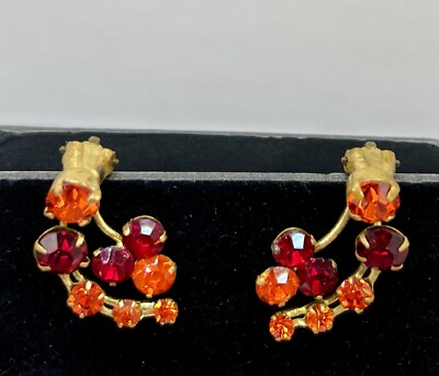Vintage Crystal Clip On Earrings Orange Red Gold Tone Marked Austria