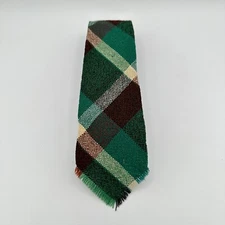 Vtg Baures Hand Loomed Necktie Green Brown Plaid Wool Fringe Classic American