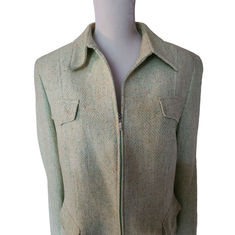 Chaqueta Thompson de tweed verde Garfield & Marks mezcla de seda talla 14 cremallera Foto 3 de 4