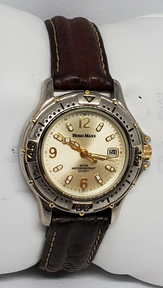 Reloj analógico de buceo enchapado en 18K diseño euro auténtico Hugo Maxx para dama 10143 B3 Foto 3 de 4