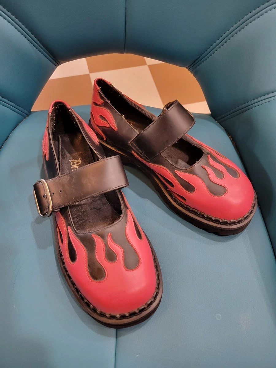 Vintage Demonia Goth Mary Jane Leather Shoes Pink Flames Size 8