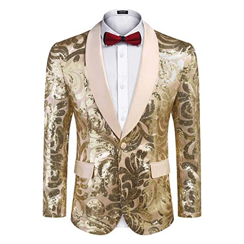 Men Lapel Jacket Blazer Suit Floral Sequin Shawl Coat Party Showman Costume Slim - Picture 5 of 24