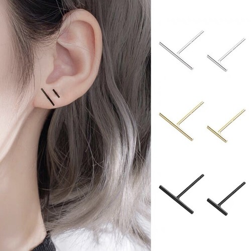 Women Girls Silver Gold Black T Shape Bar Stud Earring Surgical Steel Screw Back - Picture 3 of 11
