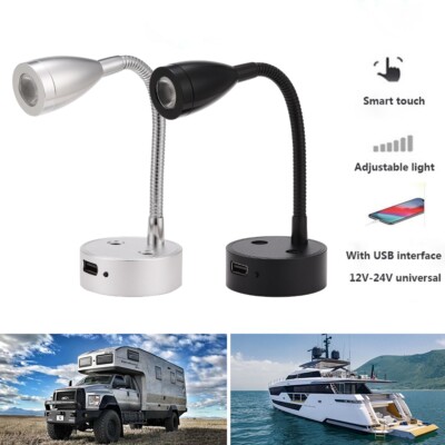 RV LED Reading Light Smart Touch Dimmable Flexible Gooseneck Wall Lamp USB  Port - Main Image