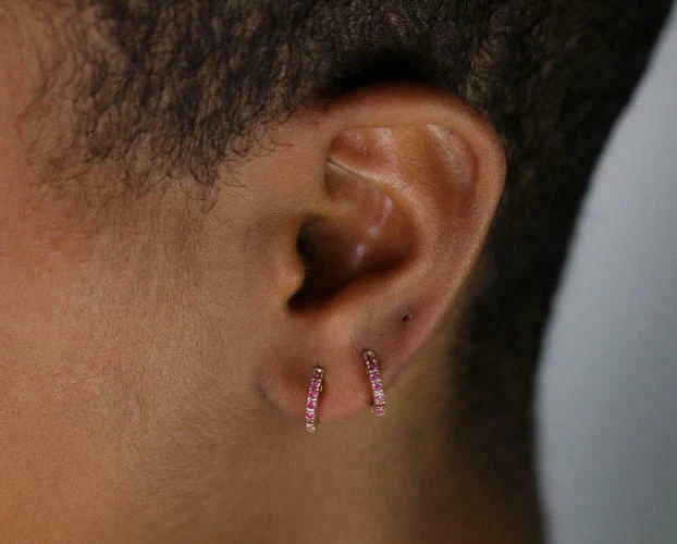 Natural Pink Sapphire Baby Solid 14K Yellow Gold Plated 925 silver Hoop Earring - Image 4 of 4