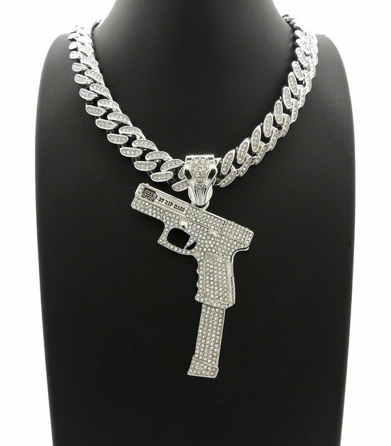 37 RIP MARY Gun Pendant & 16" 18" 20" Full Iced Cuban Chain Hip Hop
