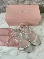 New in Box Authentic MIU MIU Pearls Sandals Flats Slingback Shoes Silver Size 36
