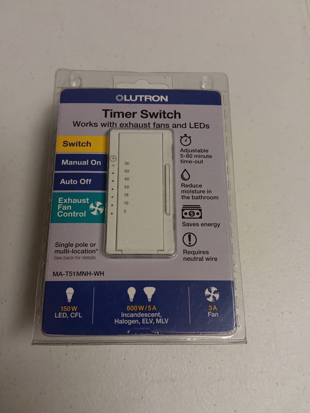 Lutron Timer Switch (150 W LED/600 W/5A) 3A Fan White MAT51MNH, New eBay