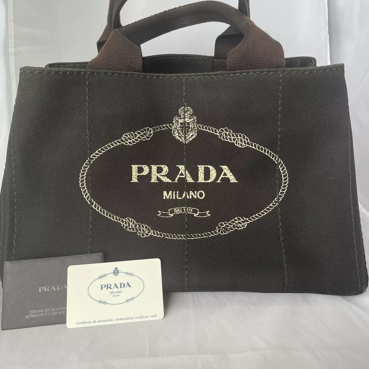 PRADA Canapa Black Canvas Shopping Shoulder Tote Bag Authentic